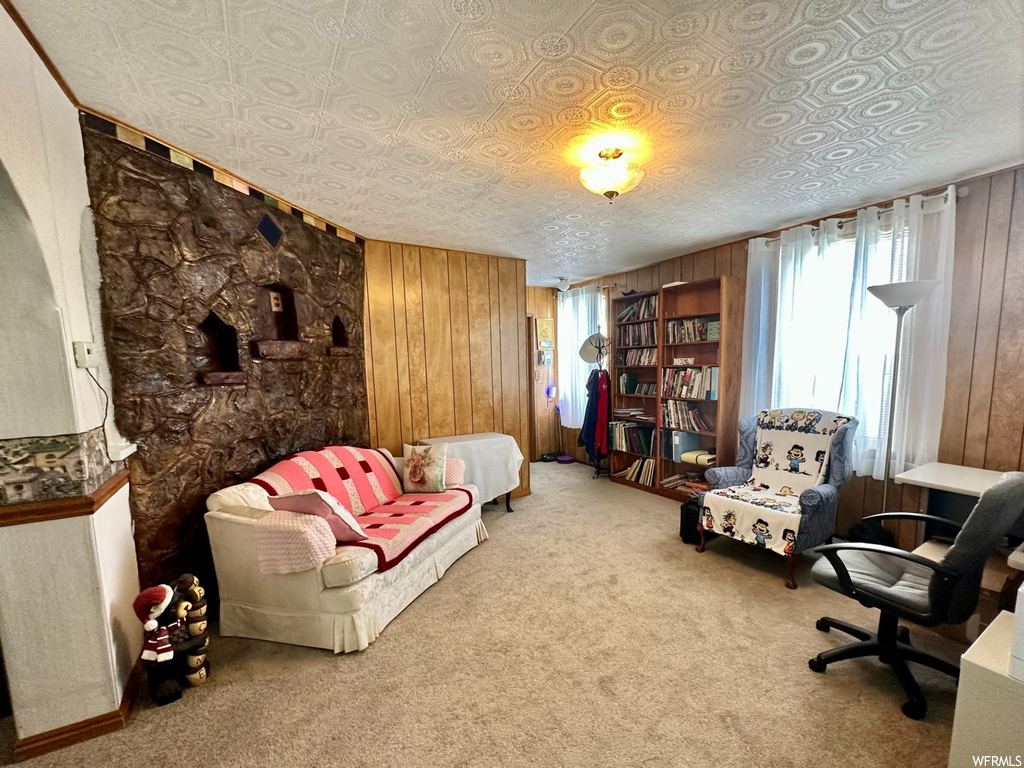 Carpeted living room featuring wood walls and a textured ceiling