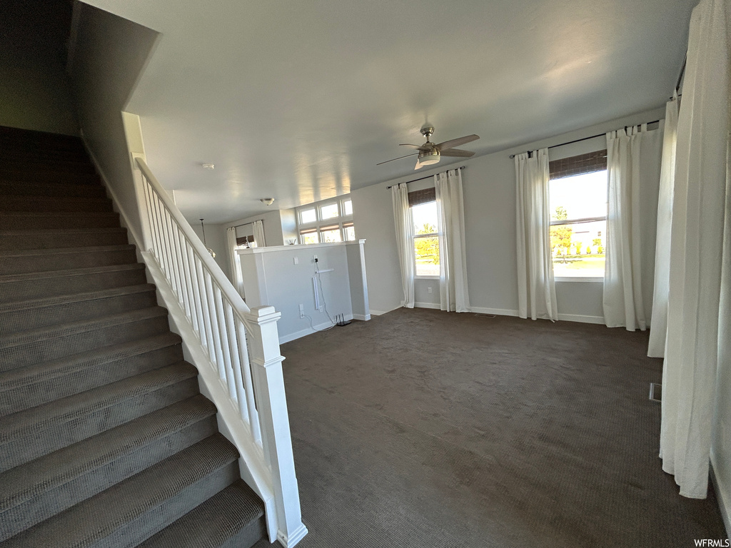 Stairway with dark colored carpet and ceiling fan