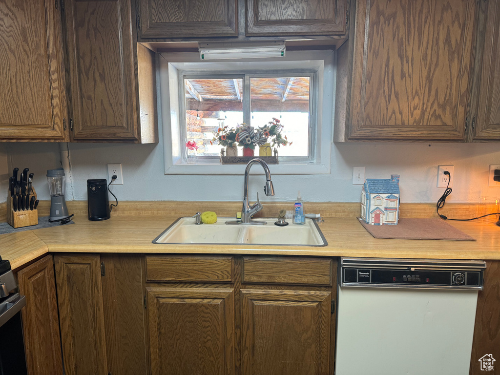 Kitchen featuring white dishwasher, sink, and dark brown cabinets