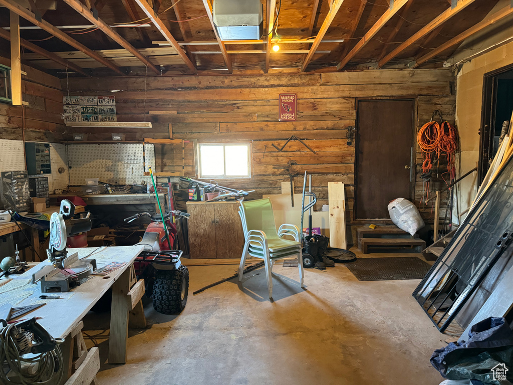 Basement with a workshop area