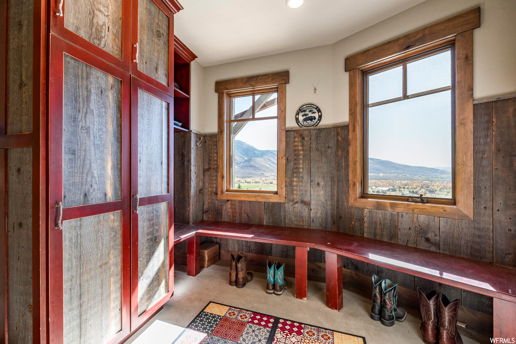 Mudroom with a mountain view and wooden walls