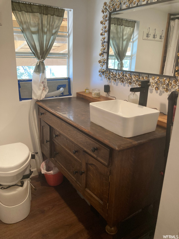 Bathroom with wood-type flooring, toilet, and vanity