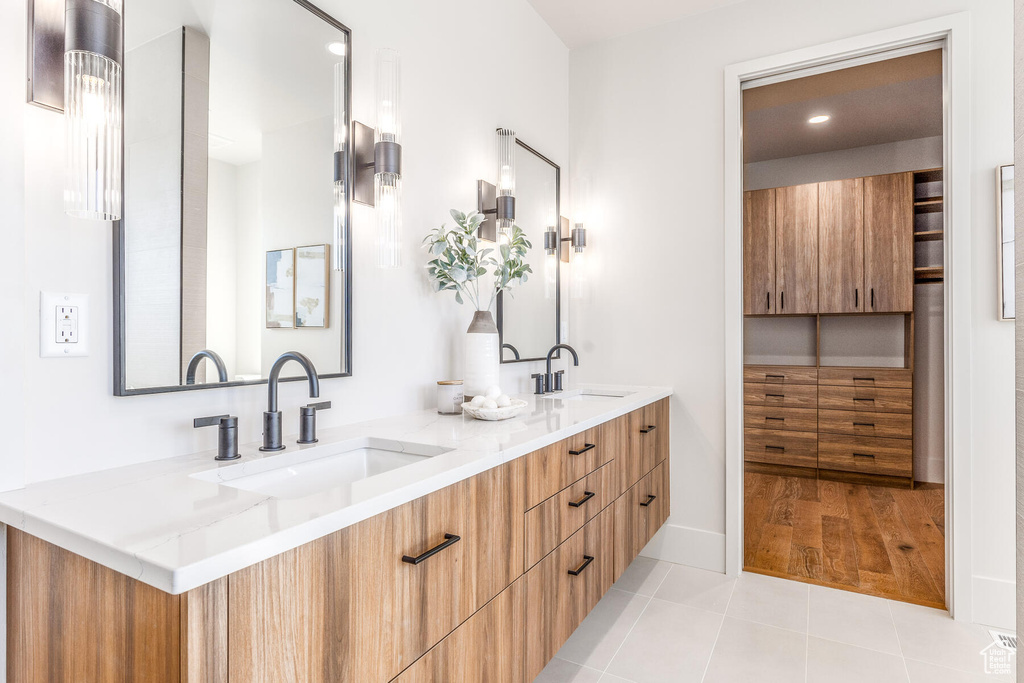 Bathroom with wood-type flooring and vanity