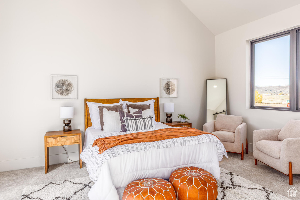 Carpeted bedroom featuring lofted ceiling