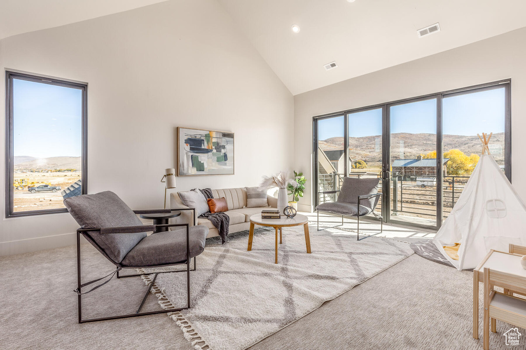 Carpeted living room featuring a mountain view and high vaulted ceiling