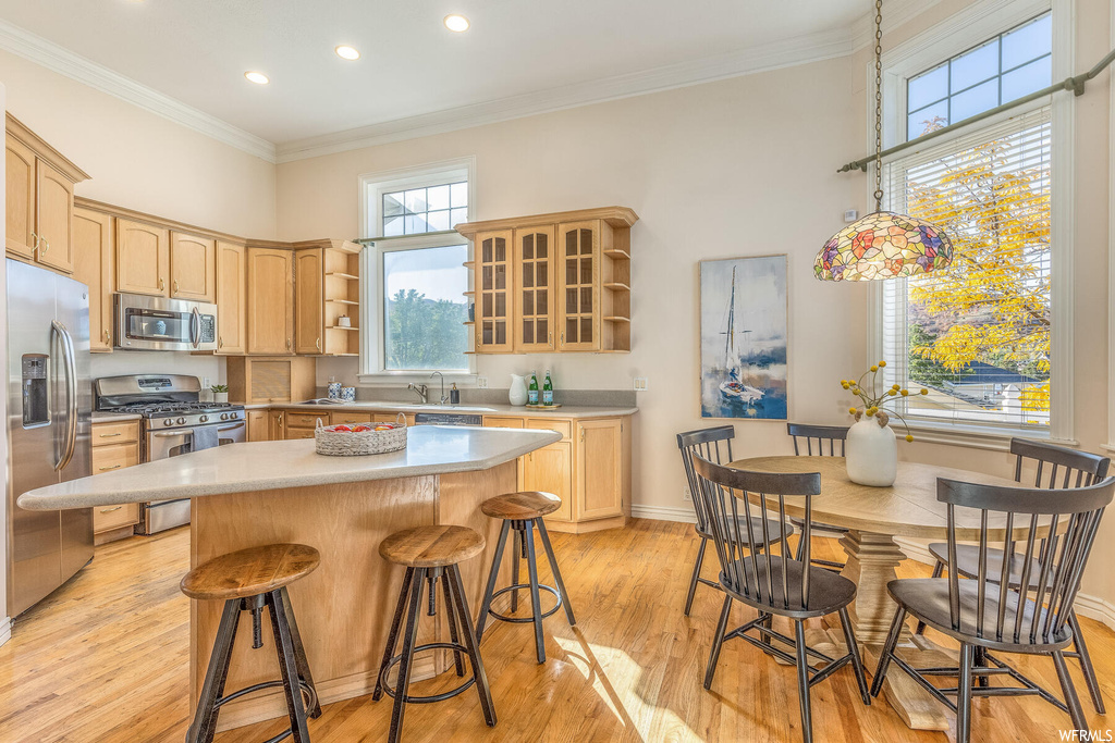Kitchen with stainless steel appliances, light hardwood / wood-style floors, a center island, and a kitchen bar