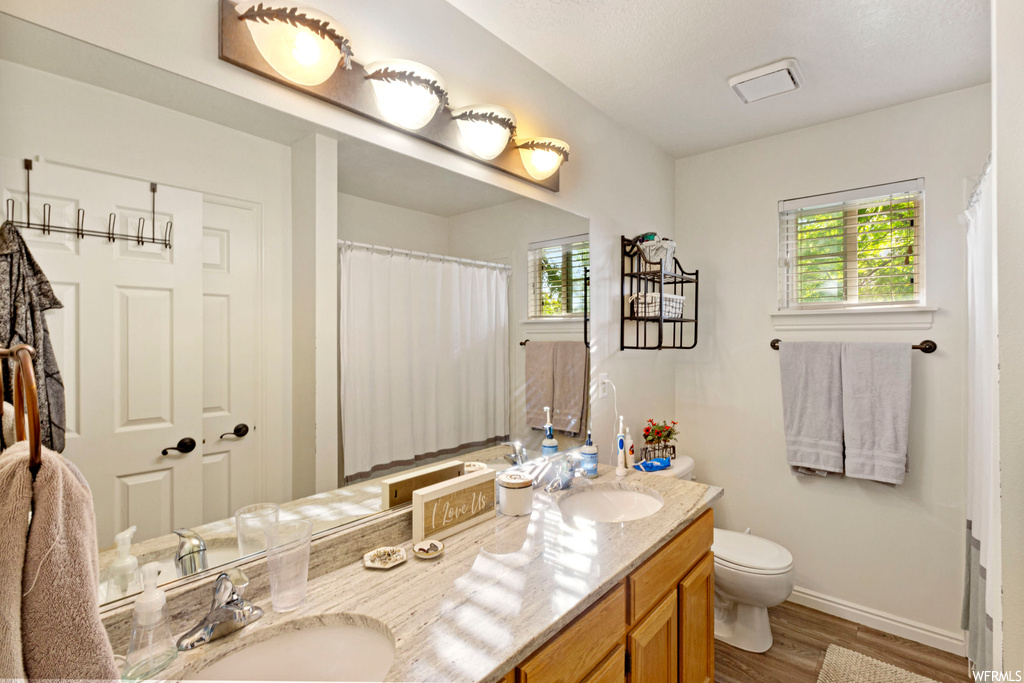 Bathroom with a wealth of natural light, dual sinks, and vanity with extensive cabinet space