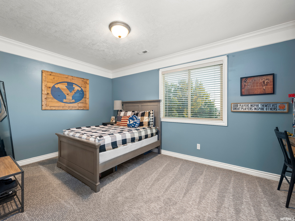 Carpeted bedroom with a textured ceiling and ornamental molding