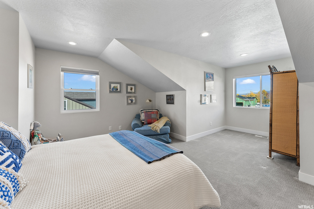 Carpeted bedroom featuring a textured ceiling and lofted ceiling