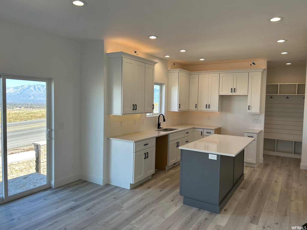 Kitchen with a center island, sink, and light hardwood / wood-style flooring
