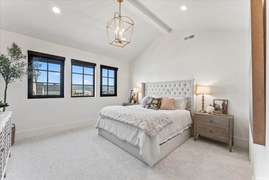Bedroom featuring a chandelier, high vaulted ceiling, beamed ceiling, and light colored carpet
