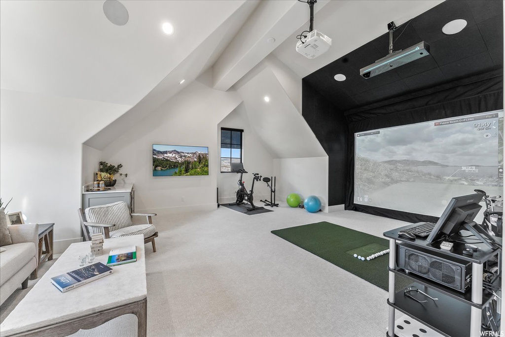 Game room featuring vaulted ceiling, light carpet, and golf simulator