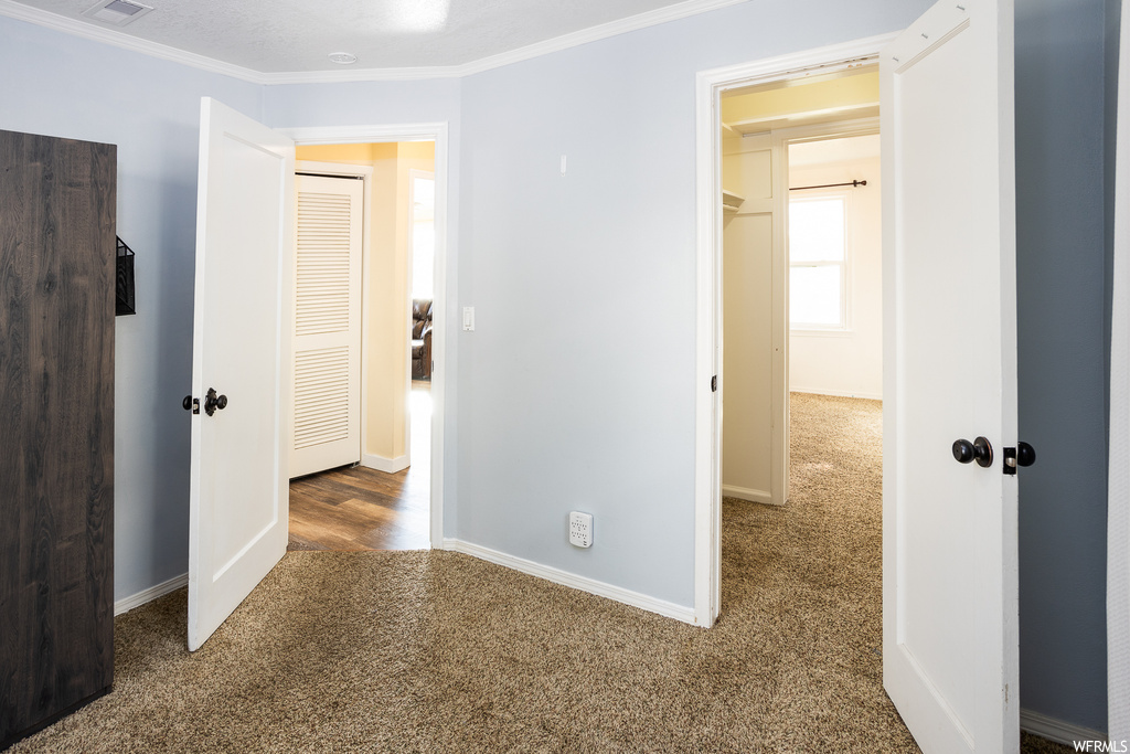 Unfurnished bedroom featuring ornamental molding, a closet, and carpet