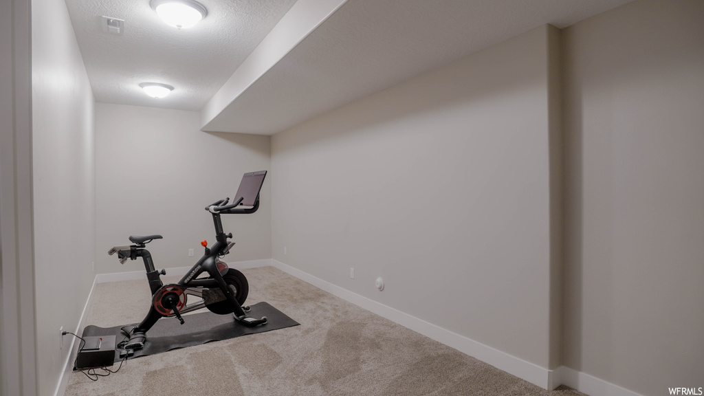 Exercise room featuring a textured ceiling and carpet flooring