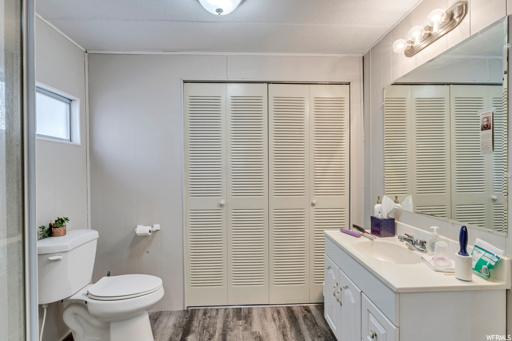 Bathroom with oversized vanity, hardwood / wood-style floors, and toilet