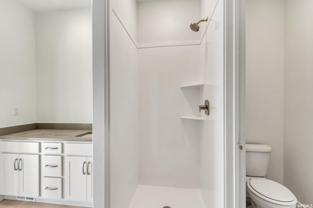 Bathroom featuring vanity, toilet, and walk in shower