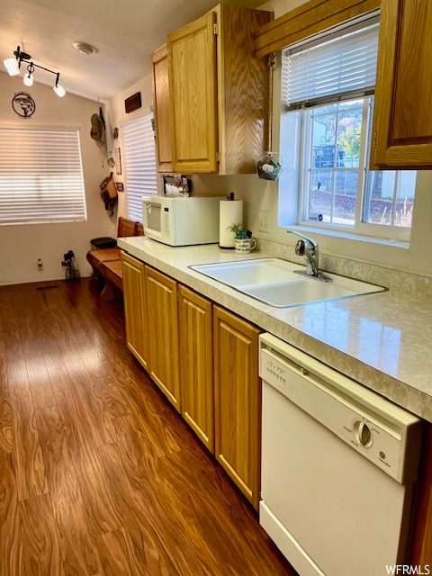 Kitchen featuring sink, white appliances, track lighting, and dark hardwood / wood-style flooring
