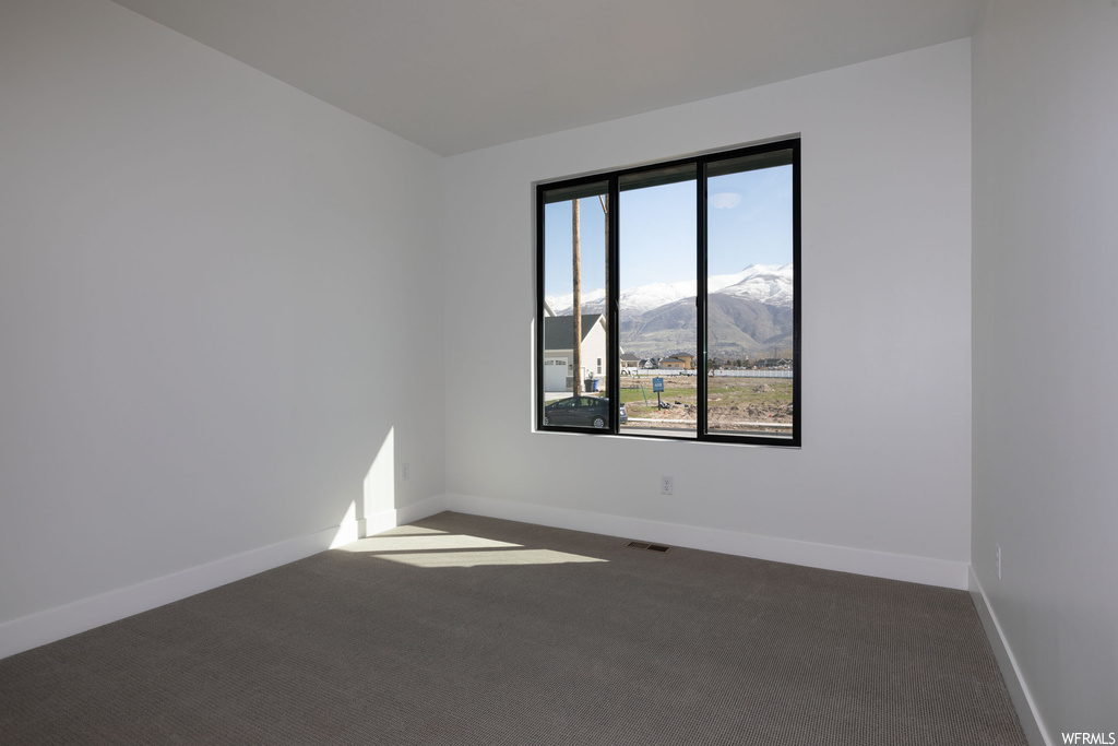 Spare room with plenty of natural light, carpet floors, and a mountain view