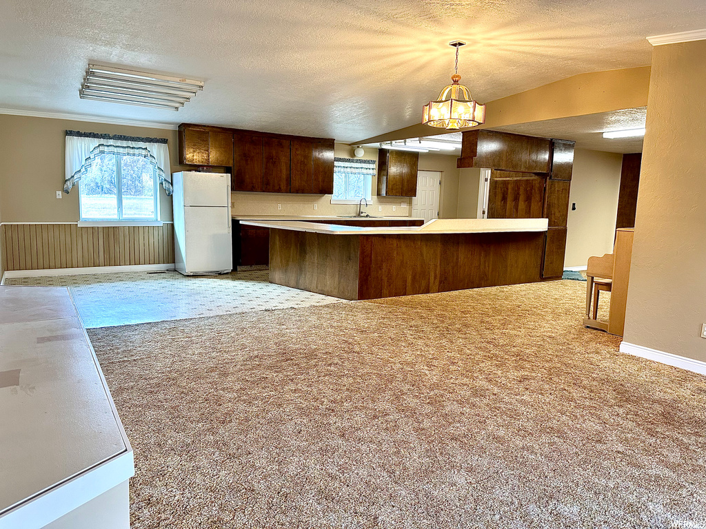 Kitchen with sink, white fridge, a textured ceiling, decorative light fixtures, and light colored carpet