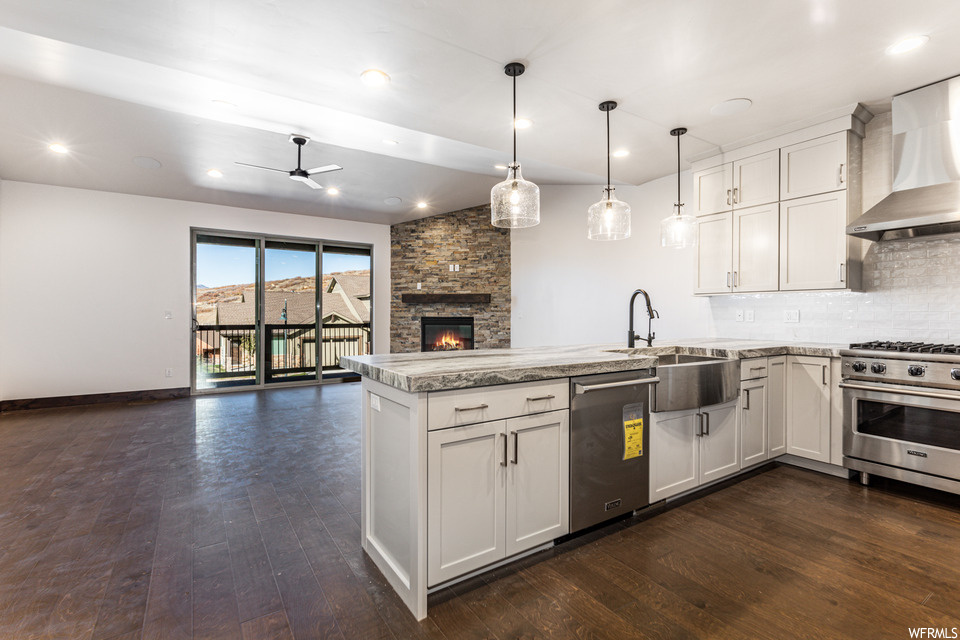 Kitchen with wall chimney exhaust hood, dark hardwood / wood-style flooring, a fireplace, and appliances with stainless steel finishes