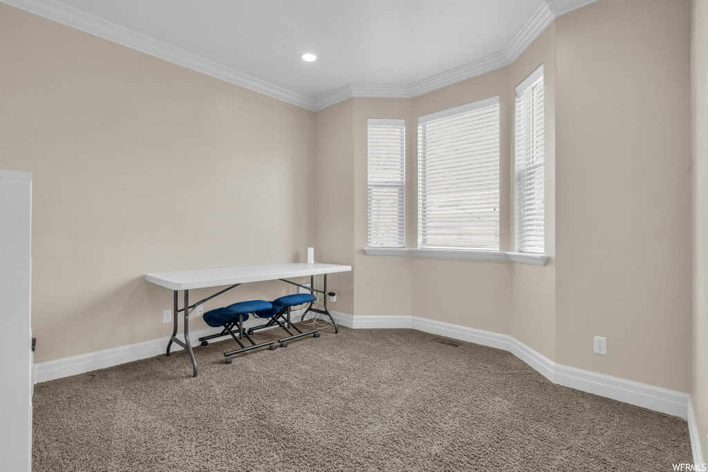 Interior space with dark colored carpet and crown molding