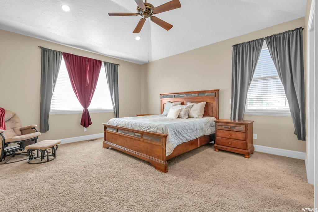 Carpeted bedroom with lofted ceiling and ceiling fan