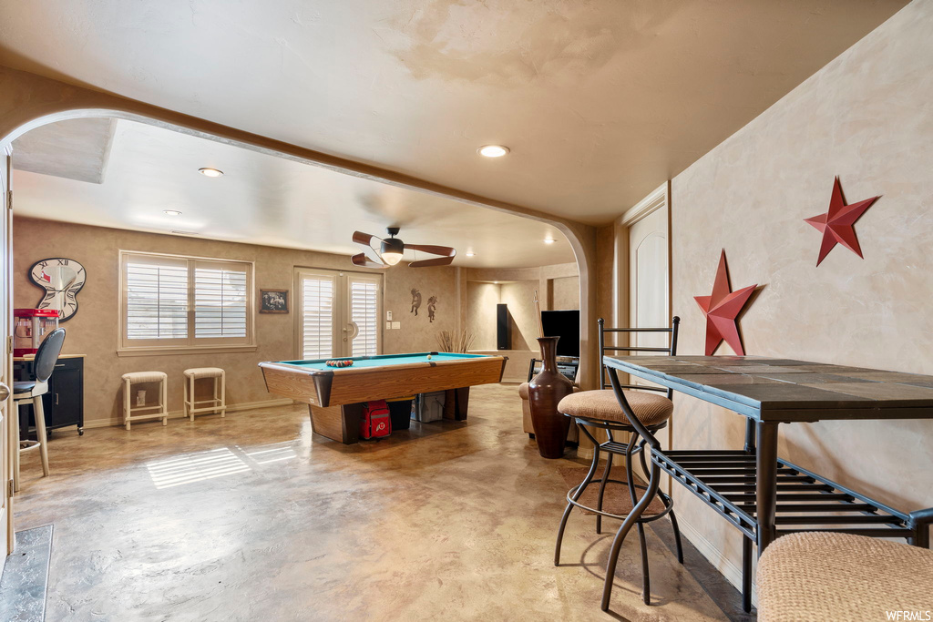 Playroom with pool table and ceiling fan