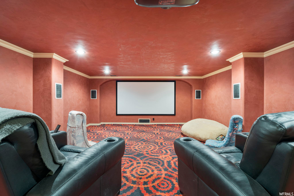 Carpeted cinema room featuring ornamental molding