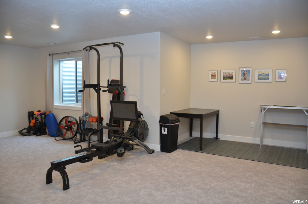 Workout area featuring carpet floors