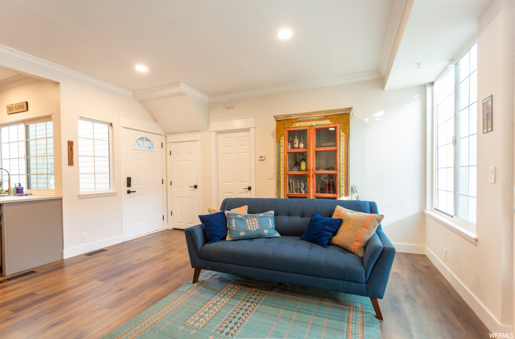 Living room featuring dark hardwood / wood-style floors, ornamental molding, and sink