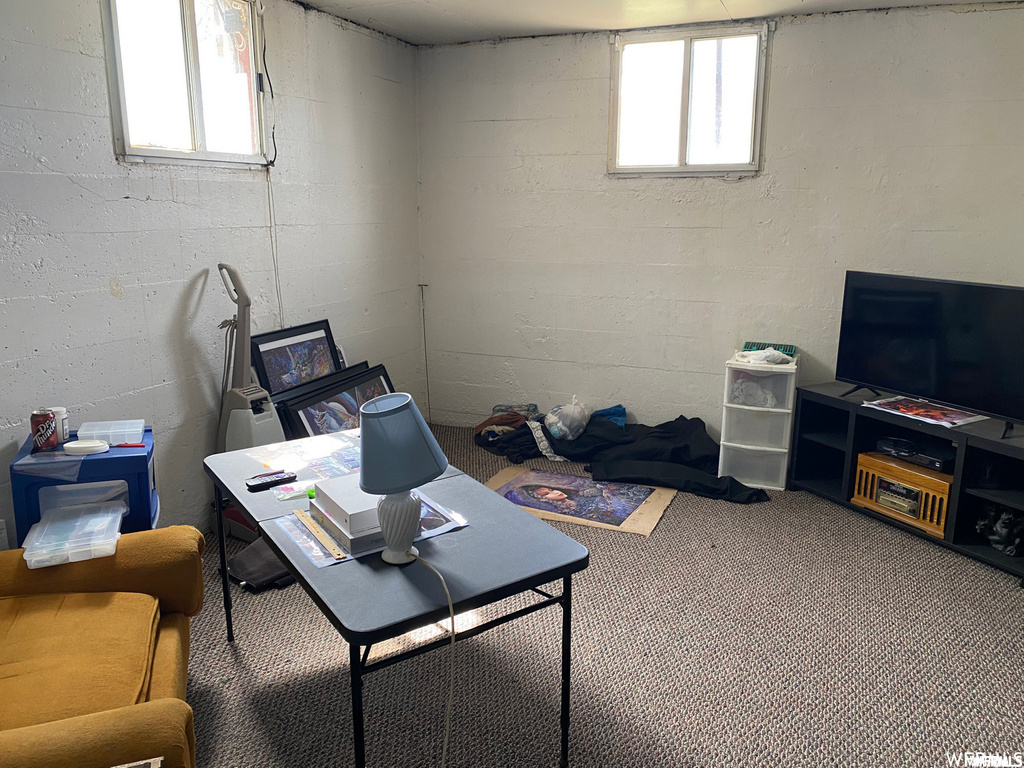 Home office featuring carpet