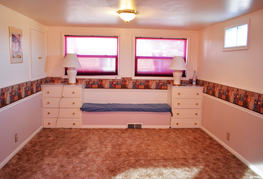 Unfurnished bedroom with multiple windows and carpet flooring