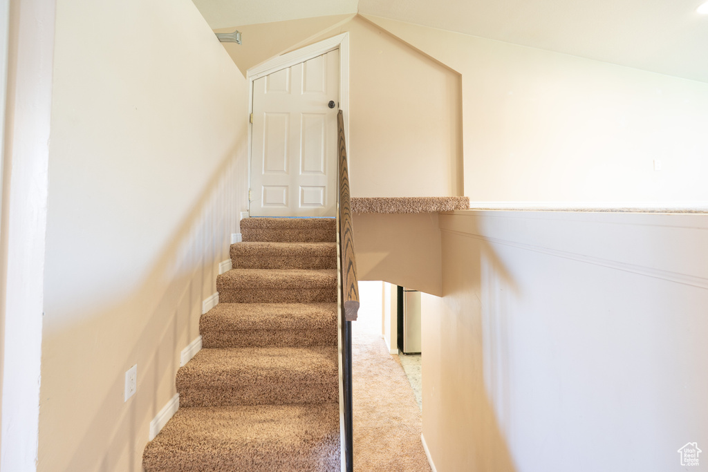 Staircase featuring carpet floors and lofted ceiling