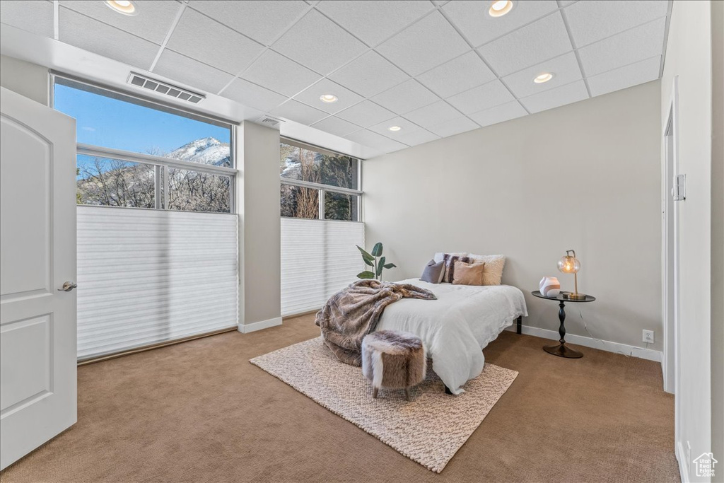 Carpeted bedroom featuring a paneled ceiling