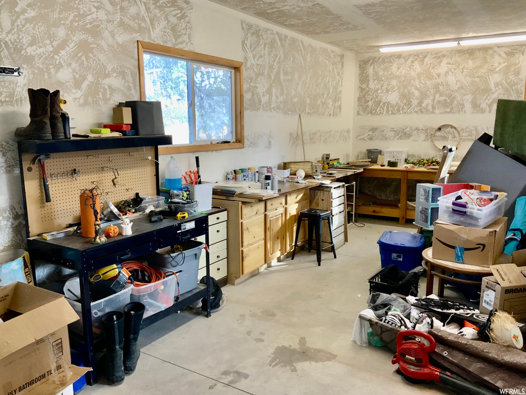 Interior space featuring a workshop area