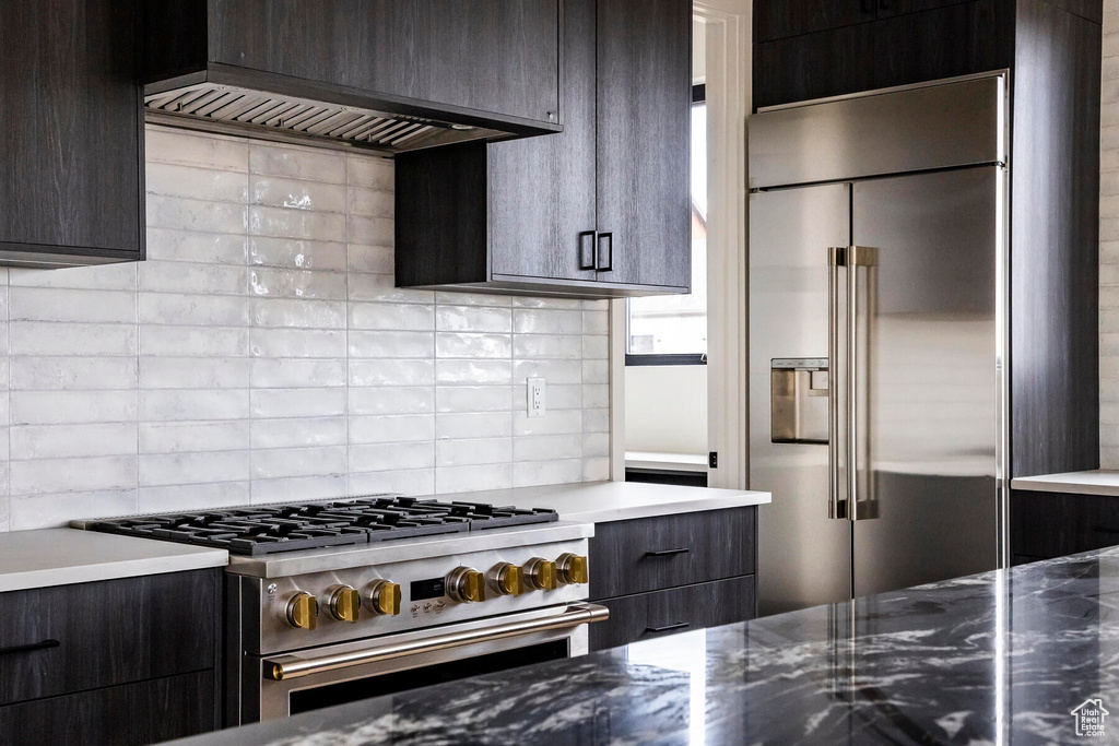 Kitchen with backsplash, custom range hood, dark brown cabinets, and premium appliances