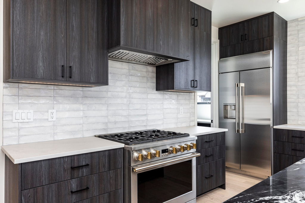 Kitchen with light hardwood / wood-style floors, tasteful backsplash, premium appliances, custom exhaust hood, and dark brown cabinetry