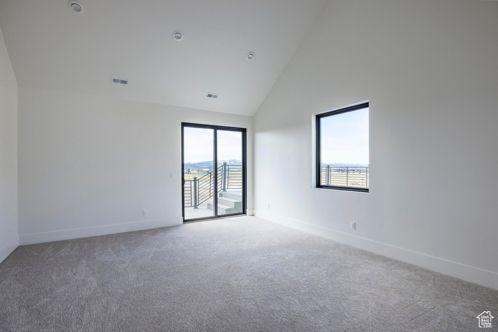 Spare room with carpet flooring, high vaulted ceiling, and a healthy amount of sunlight