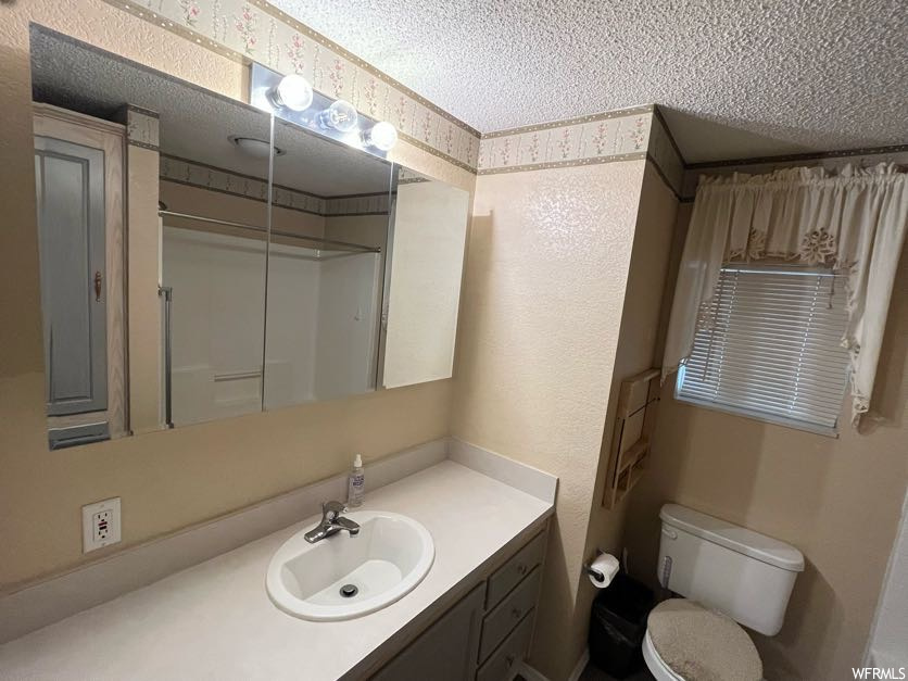 Bathroom with oversized vanity, a textured ceiling, and toilet