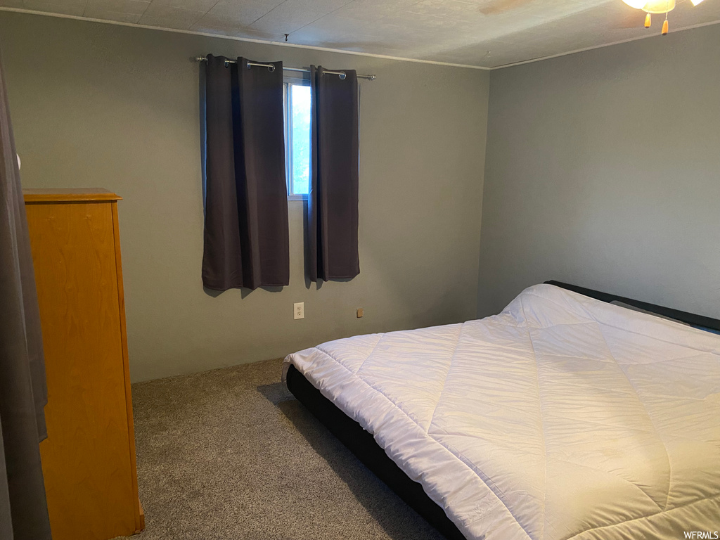 Bedroom featuring dark colored carpet