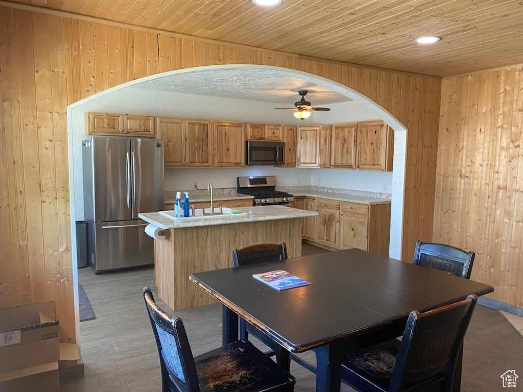 Kitchen featuring sink, light hardwood / wood-style floors, ceiling fan, appliances with stainless steel finishes, and wooden walls