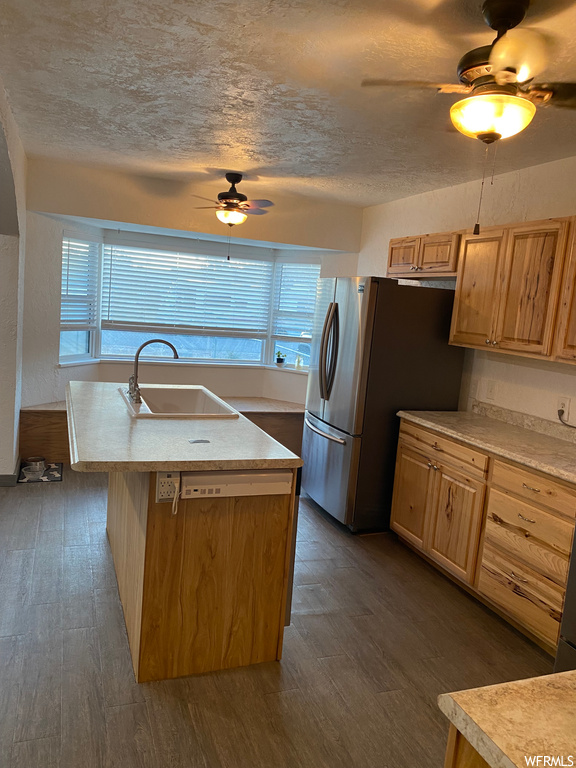 Kitchen featuring dark hardwood / wood-style flooring, sink, ceiling fan, and a healthy amount of sunlight