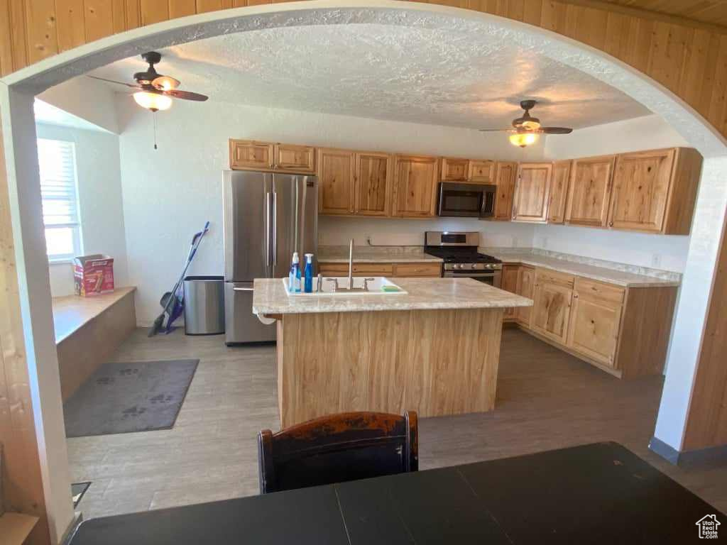 Kitchen with appliances with stainless steel finishes, sink, ceiling fan, and a kitchen island with sink