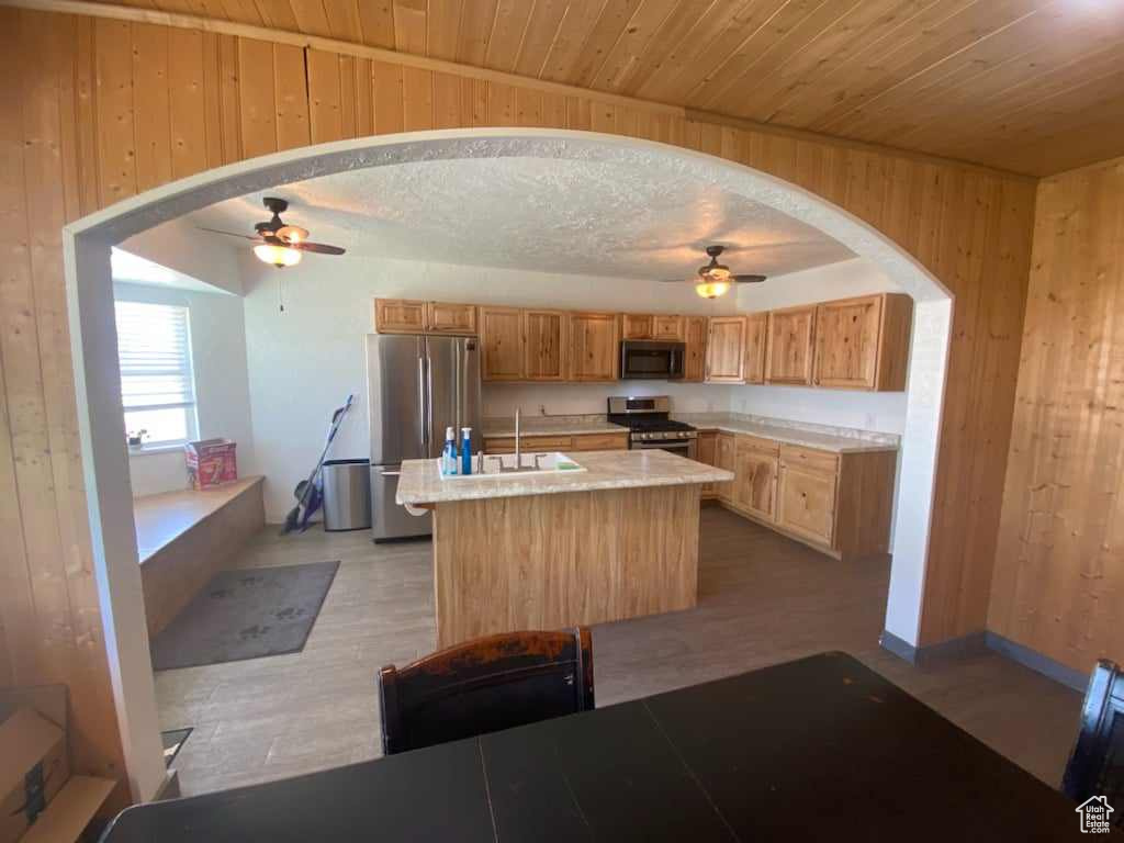 Kitchen with appliances with stainless steel finishes, wooden walls, ceiling fan, and a kitchen island with sink