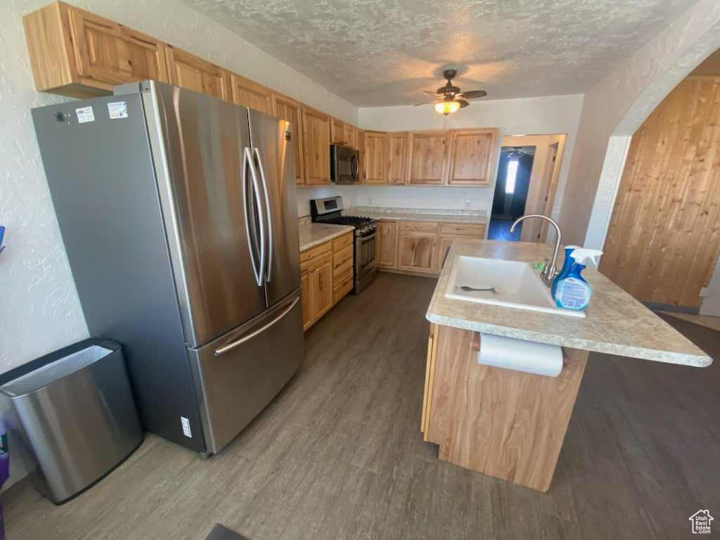 Kitchen with appliances with stainless steel finishes, sink, hardwood / wood-style flooring, and ceiling fan