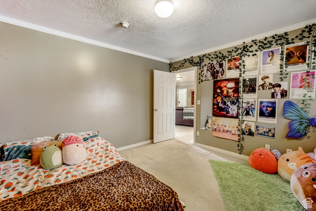 Carpeted bedroom with ornamental molding and a textured ceiling