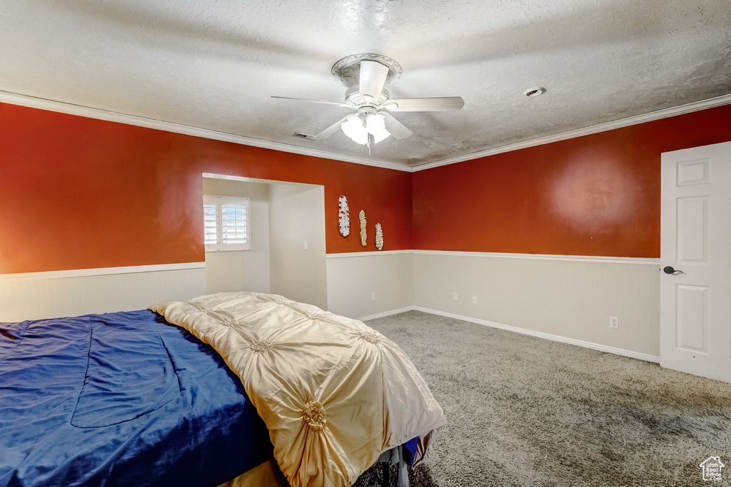 Bedroom with ornamental molding, carpet flooring, a textured ceiling, and ceiling fan