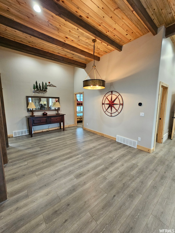 Unfurnished living room with wooden ceiling, wood-type flooring, and beam ceiling