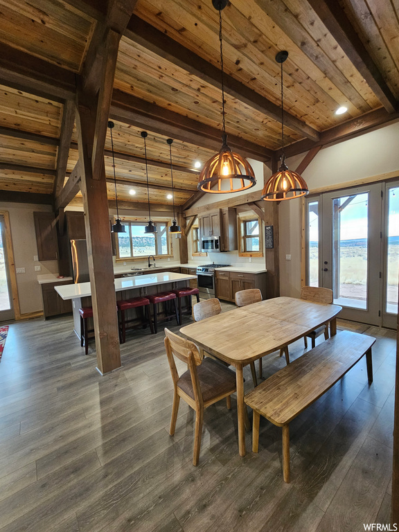 Dining room featuring dark hardwood / wood-style flooring, wooden ceiling, and beam ceiling