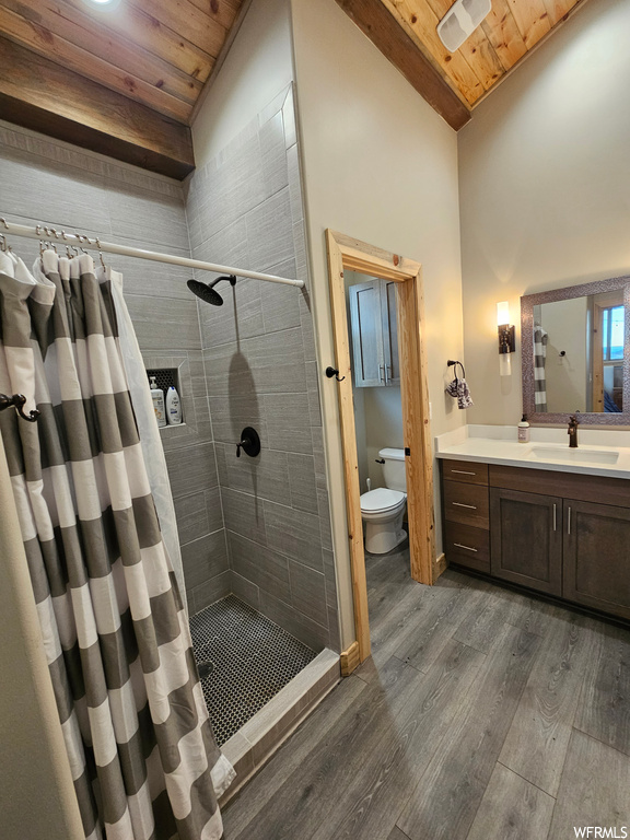 Bathroom with toilet, hardwood / wood-style floors, a shower with curtain, wood ceiling, and oversized vanity